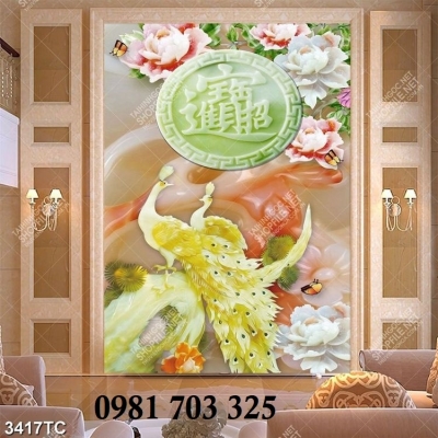 Gạch tranh 3D chim công phong thủy khổ đứng
