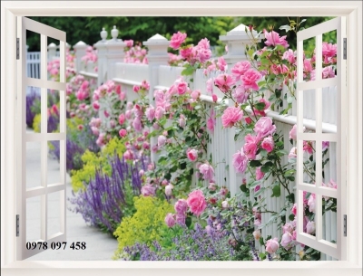 Tranh 3D - tranh cửa sổ vườn hoa