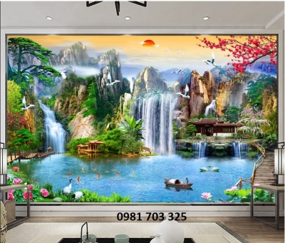 Tranh thác nước- tranh gạch 3D phong cảnh