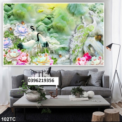 Tranh chim công mẫu đơn trang trí