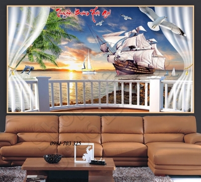 Tranh 3D thuyền buồm-gạch tranh