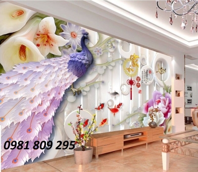 gạch tranh 3d chim công ốp tường phòng khách