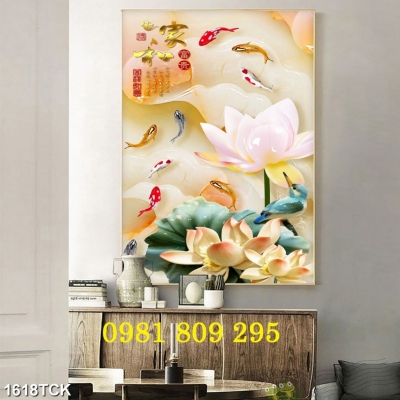 Tranh gạch hoa sen khổ dọc trang trí 3d