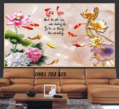 Tranh gạch hoa sen cá chép đẹp