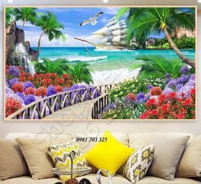 Tranh 3D thuyền buồm-gạch tranh