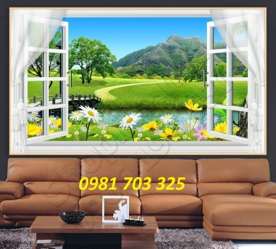 tranh 3D phòng khách, gạch tranh cửa sổ
