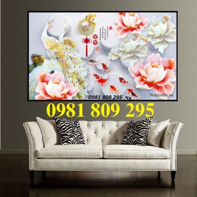 gạch tranh 3d chim công ốp tường phòng khách