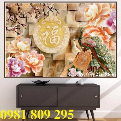Tranh gạch men , tranh chim công 3d