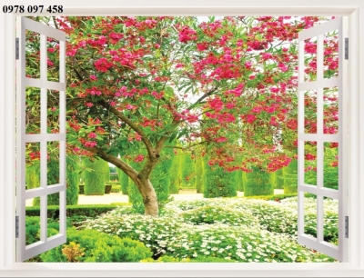 Tranh gạch 3d - tranh cửa sổ vườn hoa