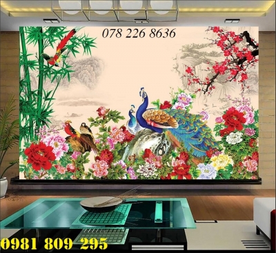 Gạch tranh 3d chim công hoa mẫu đơn -GA89
