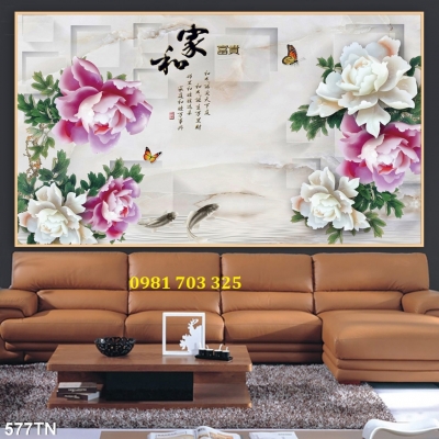 Tranh gạch hoa mẫu đơn sứ ngọc dán tường