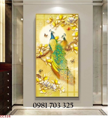 Tranh gạch phong thủy chim công 3D khổ đứng