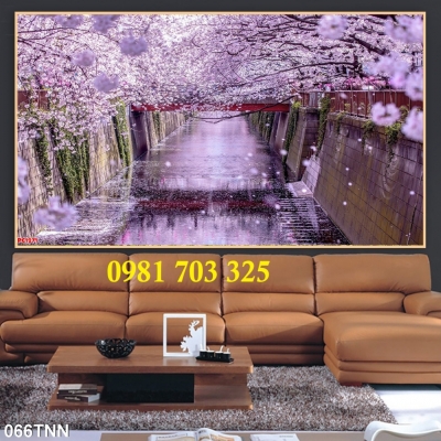 Tranh gạch 3D ốp tường phòng khách, tranh hoa đào