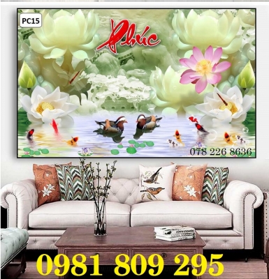 tranh hoa sen - gạch tranh 3d óp phòng khách