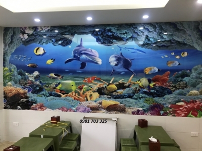 Tranh 3D trang trí phòng- tranh cá heo- gạch ốp tường