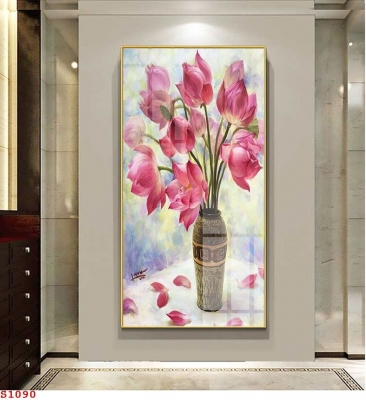 TRanh hoa sen phong thủy, gạch 3D ốp tường