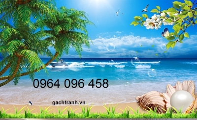 Tranh gạch 3d phong cảnh bờ biển cây dừa - KNB76