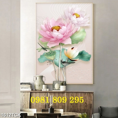 Tranh gạch hoa sen khổ dọc trang trí 3d