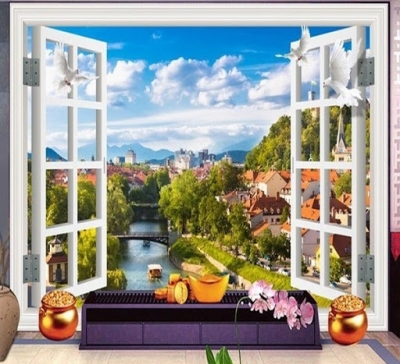tranh gạch 3d cửa số dán tường - 54CM