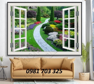 tranh cửa sổ, tranh gạch ốp tường phòng khách