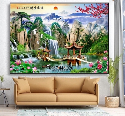 Tranh gạch men thác nước, tranh 3d ốp tường HP9723