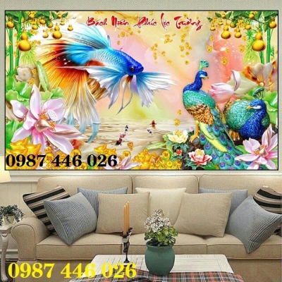 Tranh 3d gạch ốp tường chim công