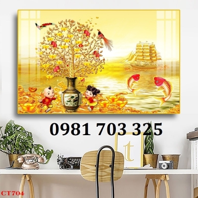 Tranh kim tiền phong thủy, gạch men 3D ốp phòng khách