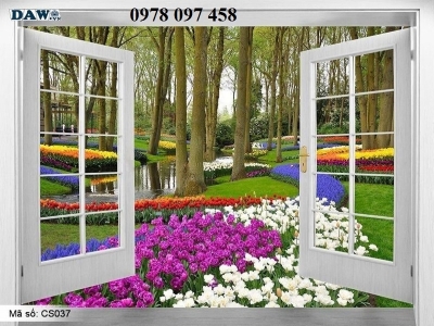 gạch tranh khung cửa sổ vườn hoa 3D