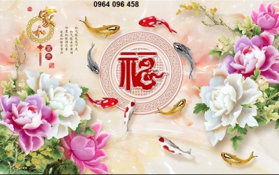 Tranh gạch 3d phong thủy cá chép hoa mẫu đơn - 2999B