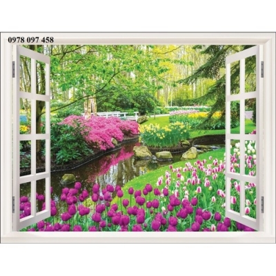Tranh 3D - tranh cửa sổ vườn hoa