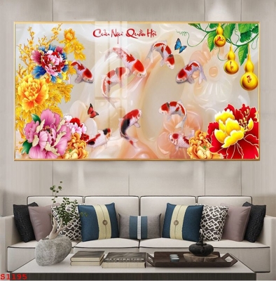 Gạch tranh phong thủy 3D 9 con cá chép