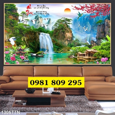Tranh 3d phòng khách , gạch tranh thác nước