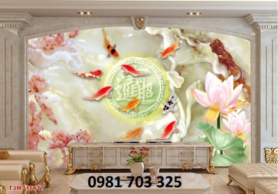 Tranh gạch 3D phong thủy hoa sen cá chép