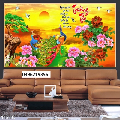 Tranh gạch men chim công mẫu đơn đẹp