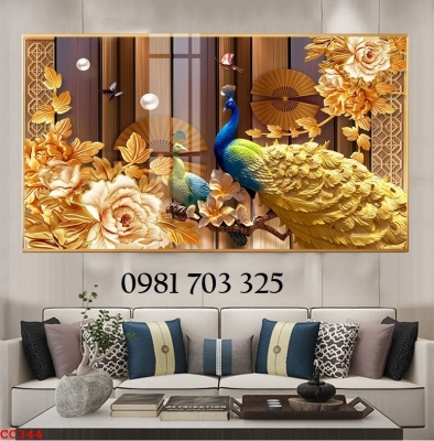 Tranh phong thủy, gạch tranh 3D 2 con chim công