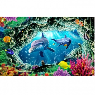 Tranh 3D trang trí phòng- tranh cá heo- gạch ốp tường