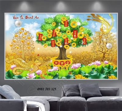 Tranh gạch 3D cây kim tiền phong thủy ốp tường