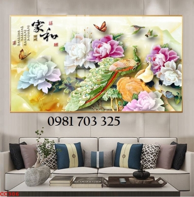 Tranh phong thủy, gạch tranh 3D 2 con chim công