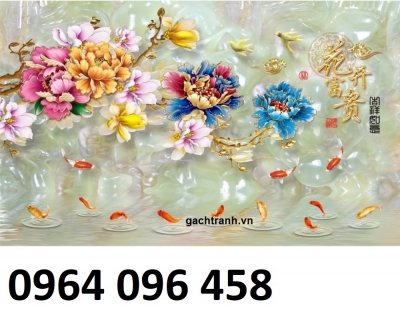 tranh gạch dán tường 3d hoa mẫu đơn cá chép - GV32
