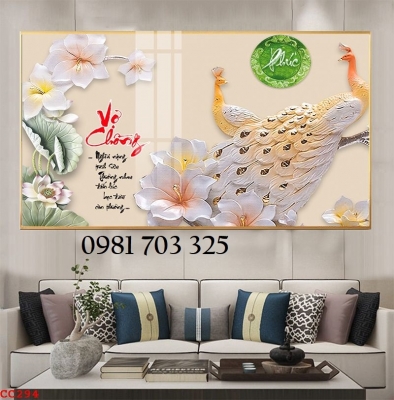 Tranh phong thủy, gạch tranh 3D 2 con chim công