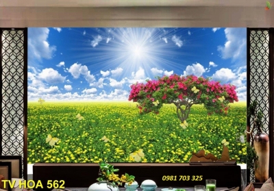 Tranh gạch 3D phòng khách- gạch tranh phong cảnh vườn hoa