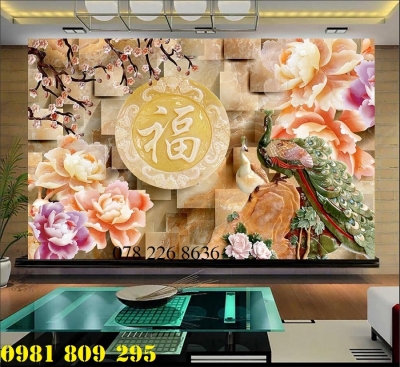 Tranh chim công hoa mẫu đơn- Gạch 3d