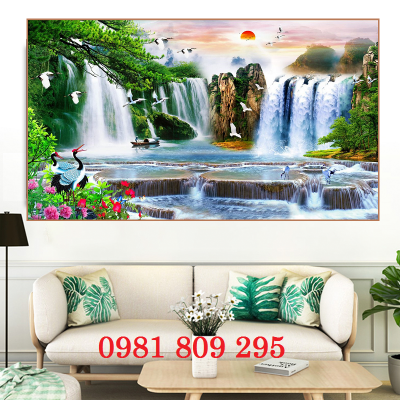 Tranh 3d phòng khách , gạch tranh thác nước