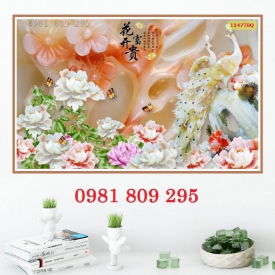 Gạch tranh 3d - tranh chim công hoa ngọc GP543