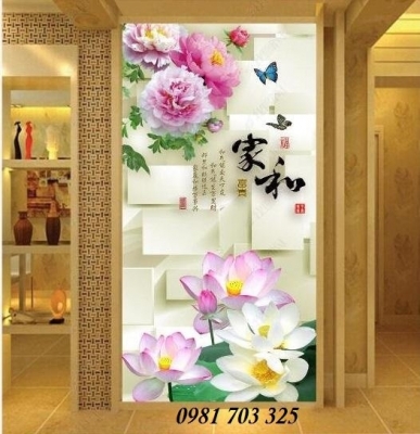 Tranh gạch khổ đứng 3D hoa trang trí