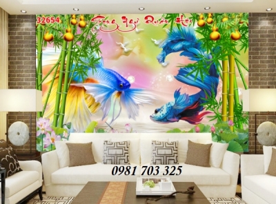Tranh gạch đẹp 3D cá chép ốp tường