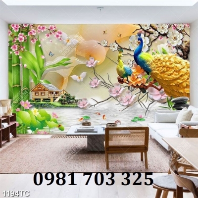 Tranh chim công phong thủy, gạch tranh 3D đẹp
