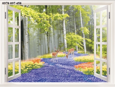 Tranh gạch 3d - tranh cửa sổ vườn hoa
