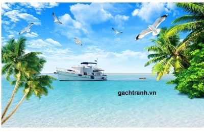 Tranh gạch 3d phong cảnh bờ biển cây dừa - KMN8