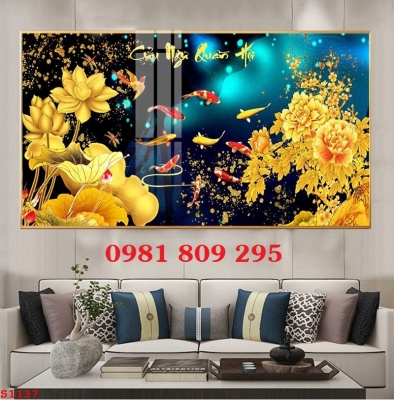 Tranh gạch phong thủy hoa sen cá chép HP1212